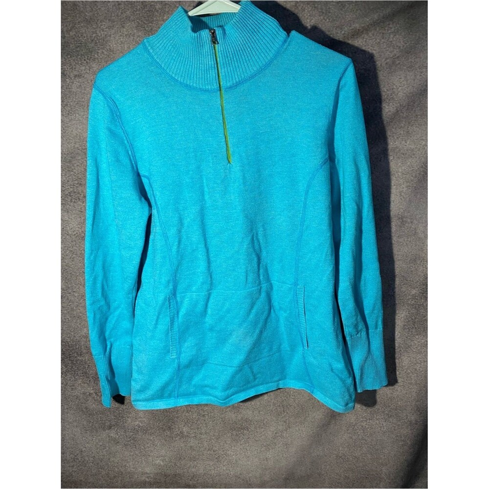 Eddie Bauer Women's L 1/4 Zip Sweater Turquoise Blue Pullover Kangaroo Pocket
